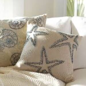Pottery Barn Tan and Blue Coastal Accent Pillow Cover